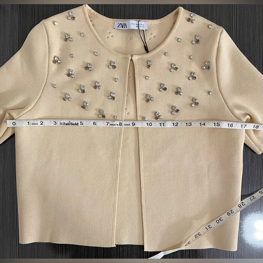 Zara Short Sleeve Rhinestone Embellished Minimalist Cardigan Sweater Size S